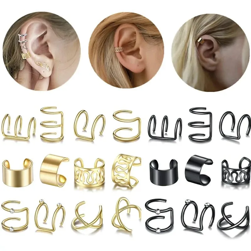 12 and 6 Piece Black Adjustable Wire No Piercing Everyday Cartilage Ear Cuff