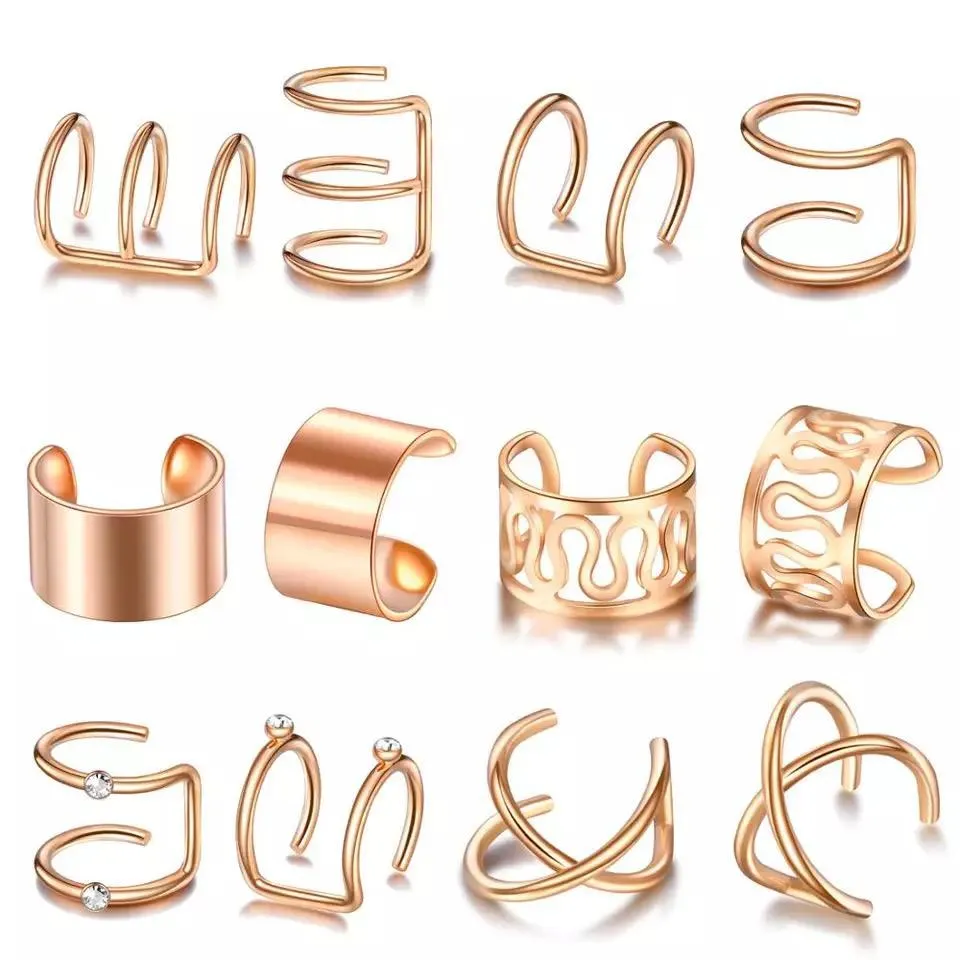 12 and 6 Piece Black Adjustable Wire No Piercing Everyday Cartilage Ear Cuff