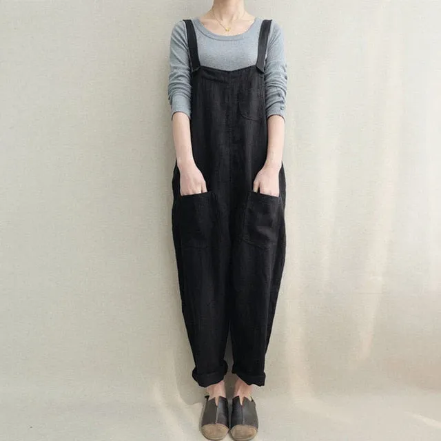 2018 ZANZEA Summer Women Strappy Pockets Casual Solid Dungarees Cotton Linen Long Jumpsuits Loose Bib Overalls Rompers Plus Size