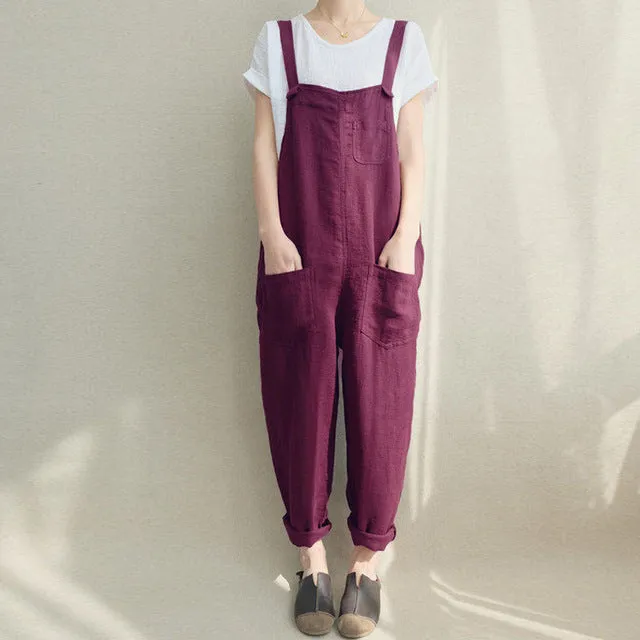 2018 ZANZEA Summer Women Strappy Pockets Casual Solid Dungarees Cotton Linen Long Jumpsuits Loose Bib Overalls Rompers Plus Size