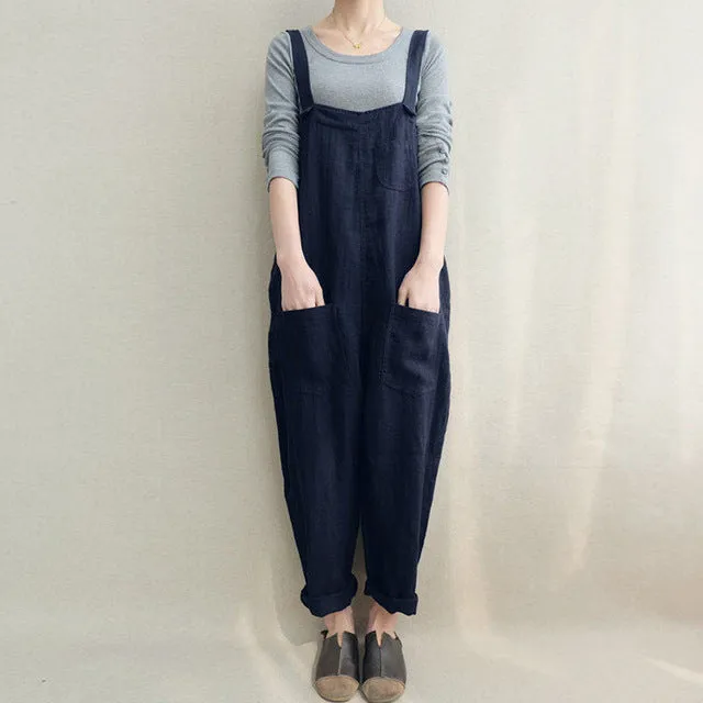 2018 ZANZEA Summer Women Strappy Pockets Casual Solid Dungarees Cotton Linen Long Jumpsuits Loose Bib Overalls Rompers Plus Size