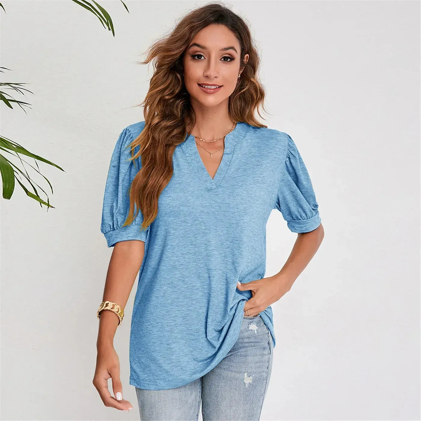 2024 Navy Blue Short Puff Sleeve Blouse for Women