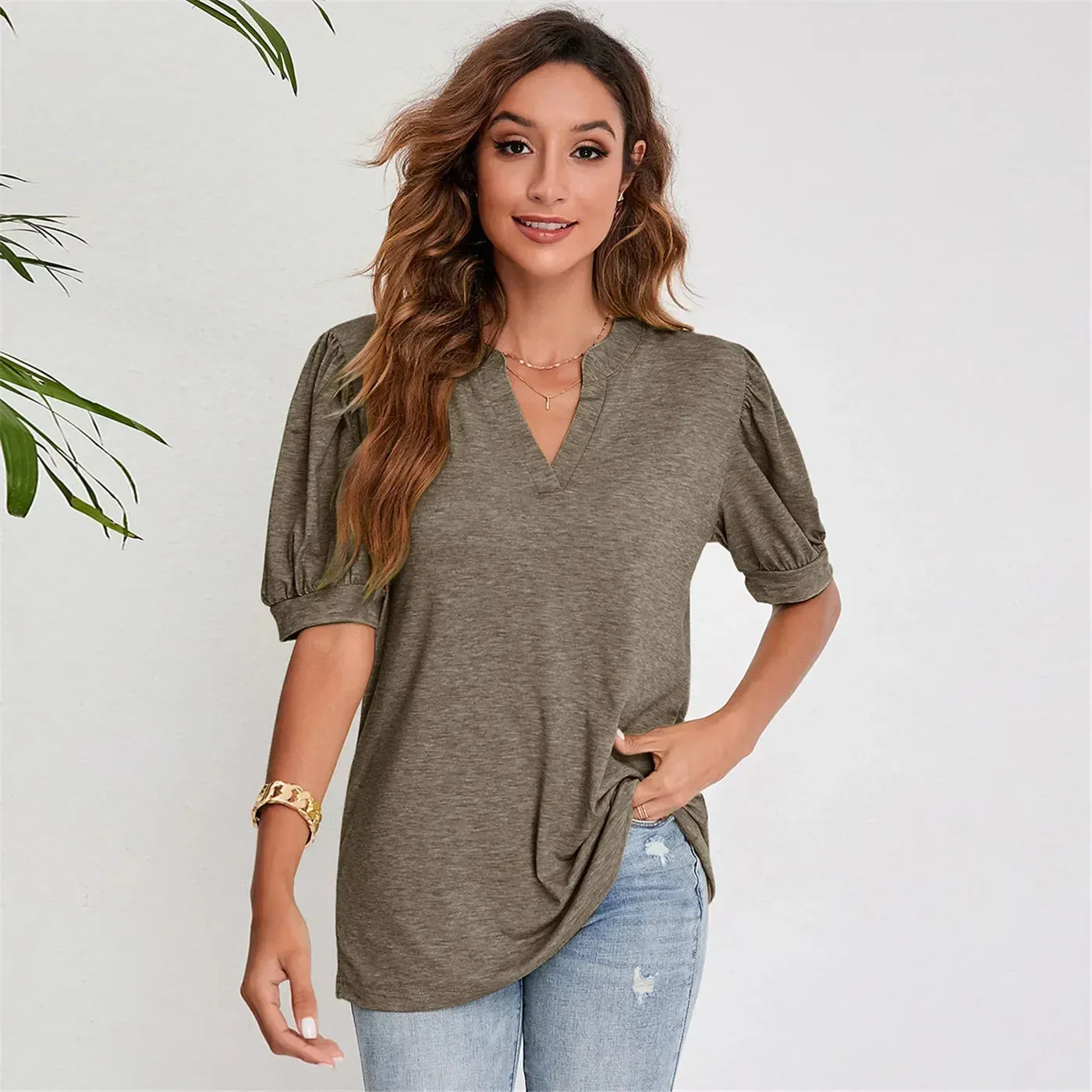 2024 Navy Blue Short Puff Sleeve Blouse for Women