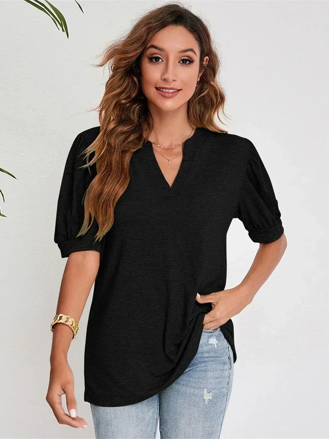 2024 Navy Blue Short Puff Sleeve Blouse for Women
