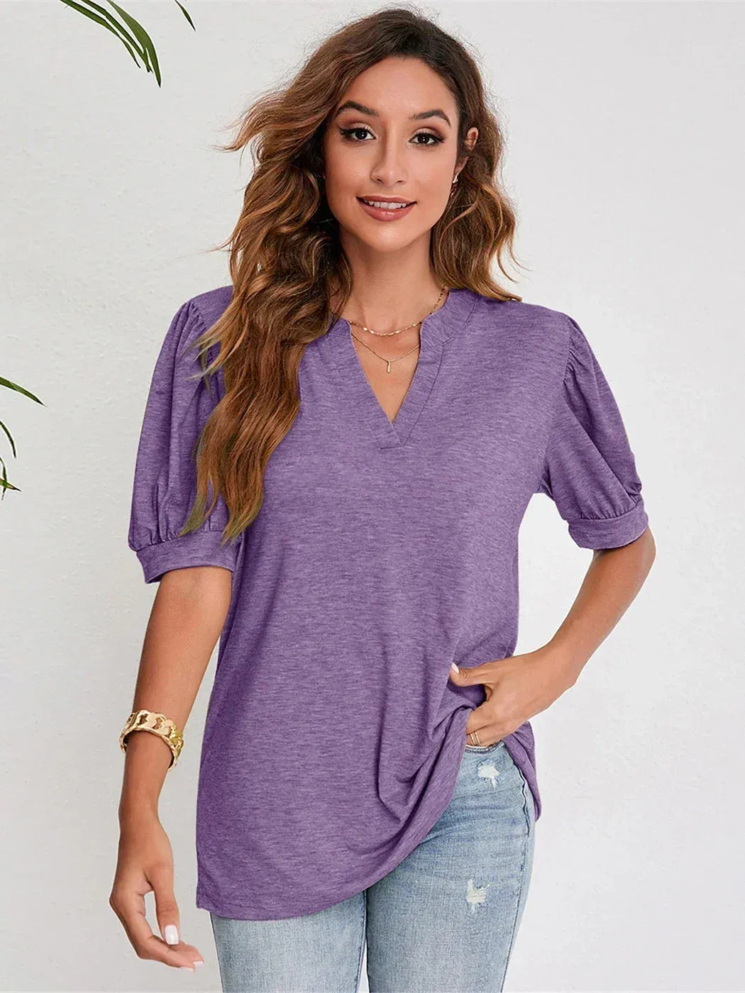 2024 Navy Blue Short Puff Sleeve Blouse for Women