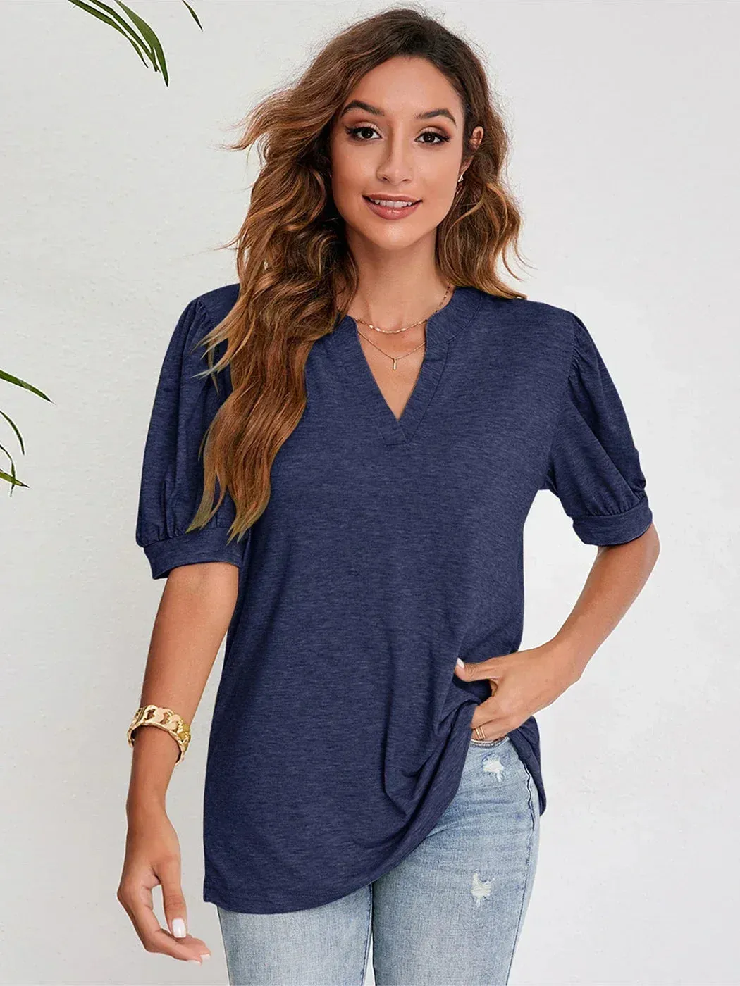 2024 Navy Blue Short Puff Sleeve Blouse for Women