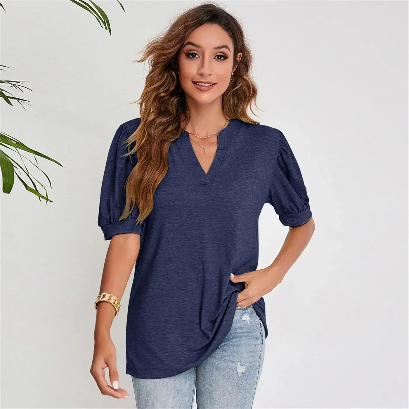 2024 Navy Blue Short Puff Sleeve Blouse for Women