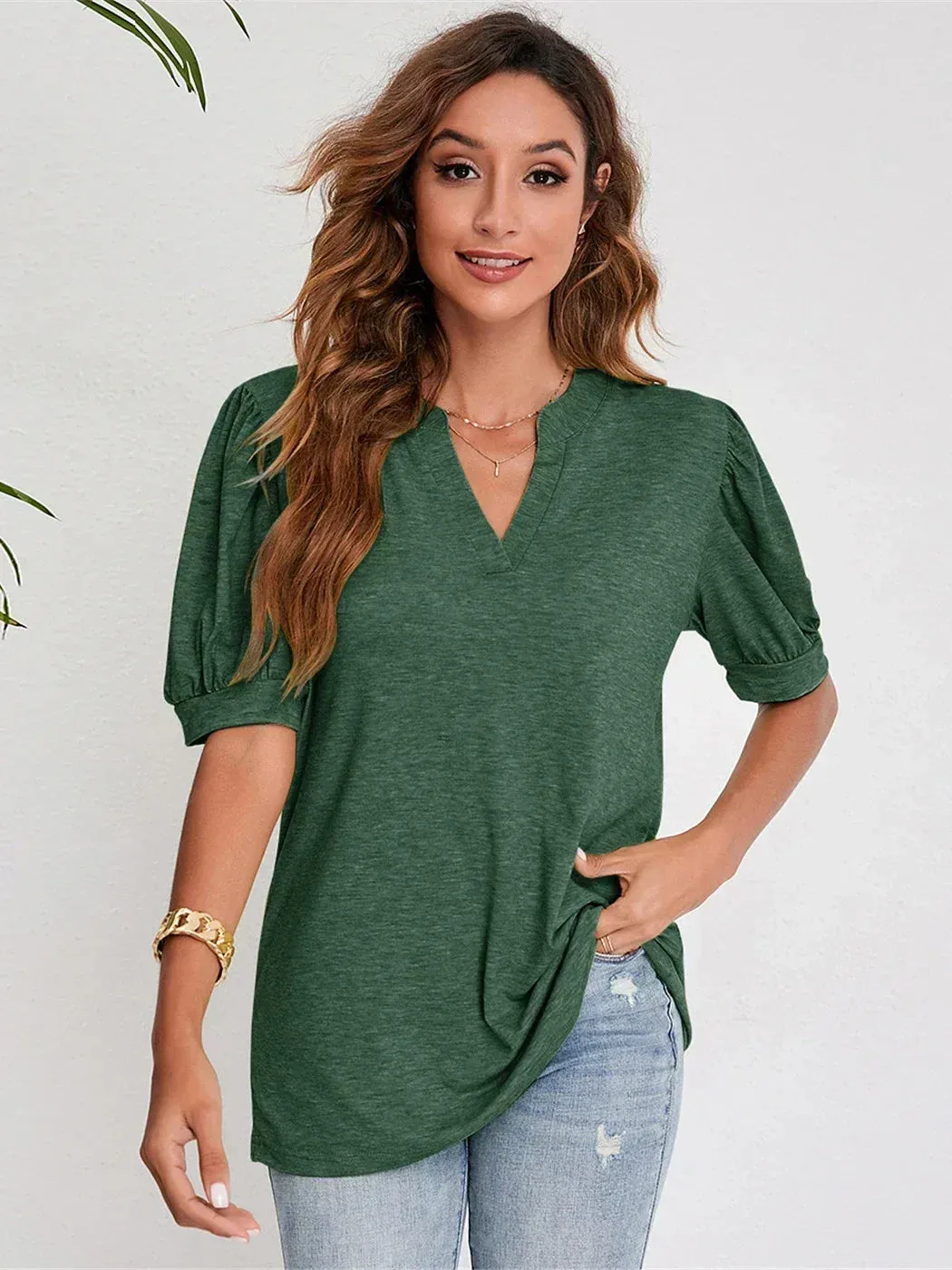 2024 Navy Blue Short Puff Sleeve Blouse for Women