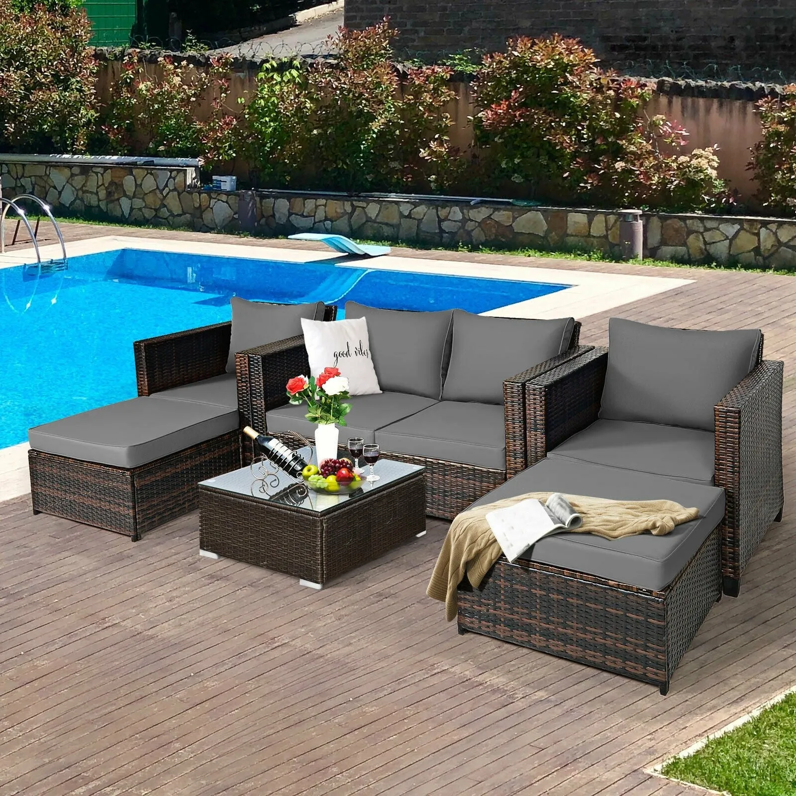 5pc Wicker Rattan Patio Cushioned Furniture Set - Gray