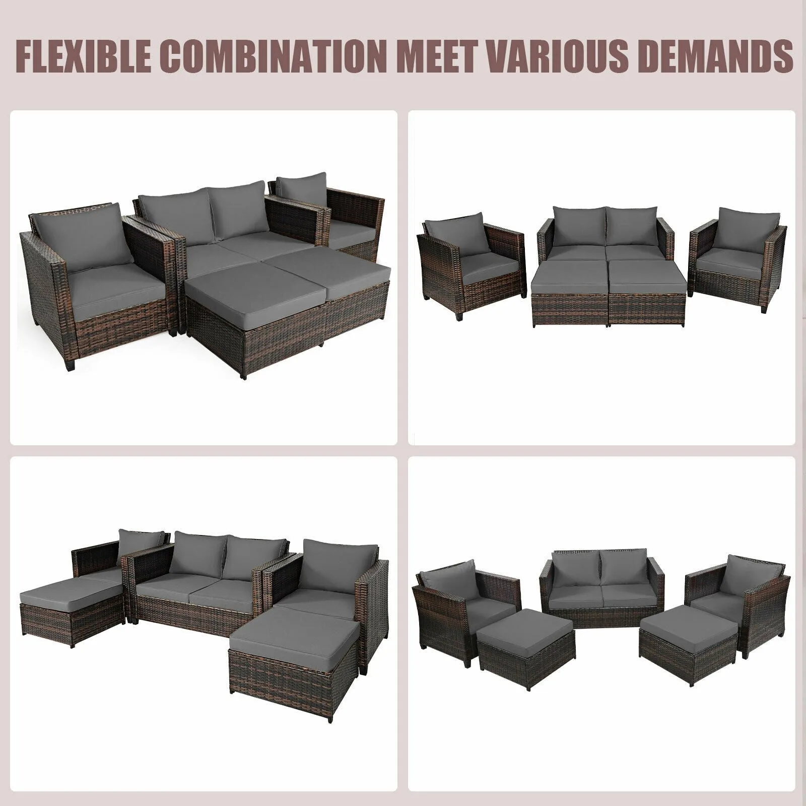 5pc Wicker Rattan Patio Cushioned Furniture Set - Gray
