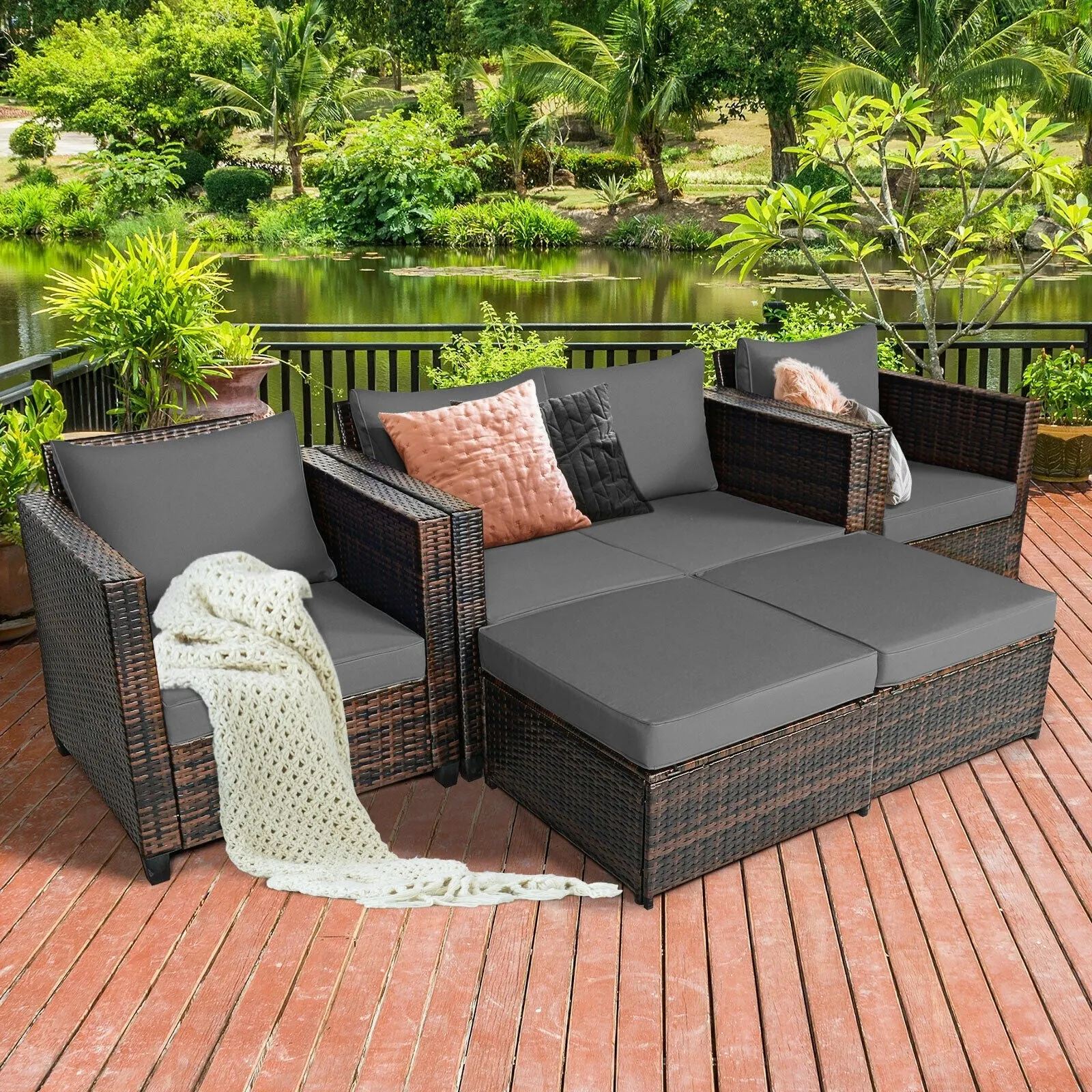 5pc Wicker Rattan Patio Cushioned Furniture Set - Gray