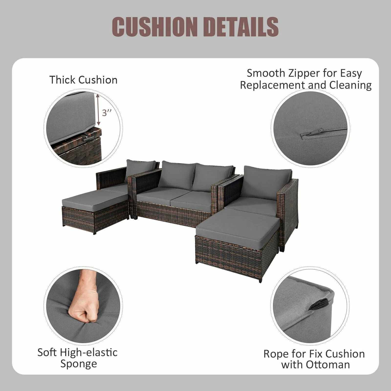 5pc Wicker Rattan Patio Cushioned Furniture Set - Gray
