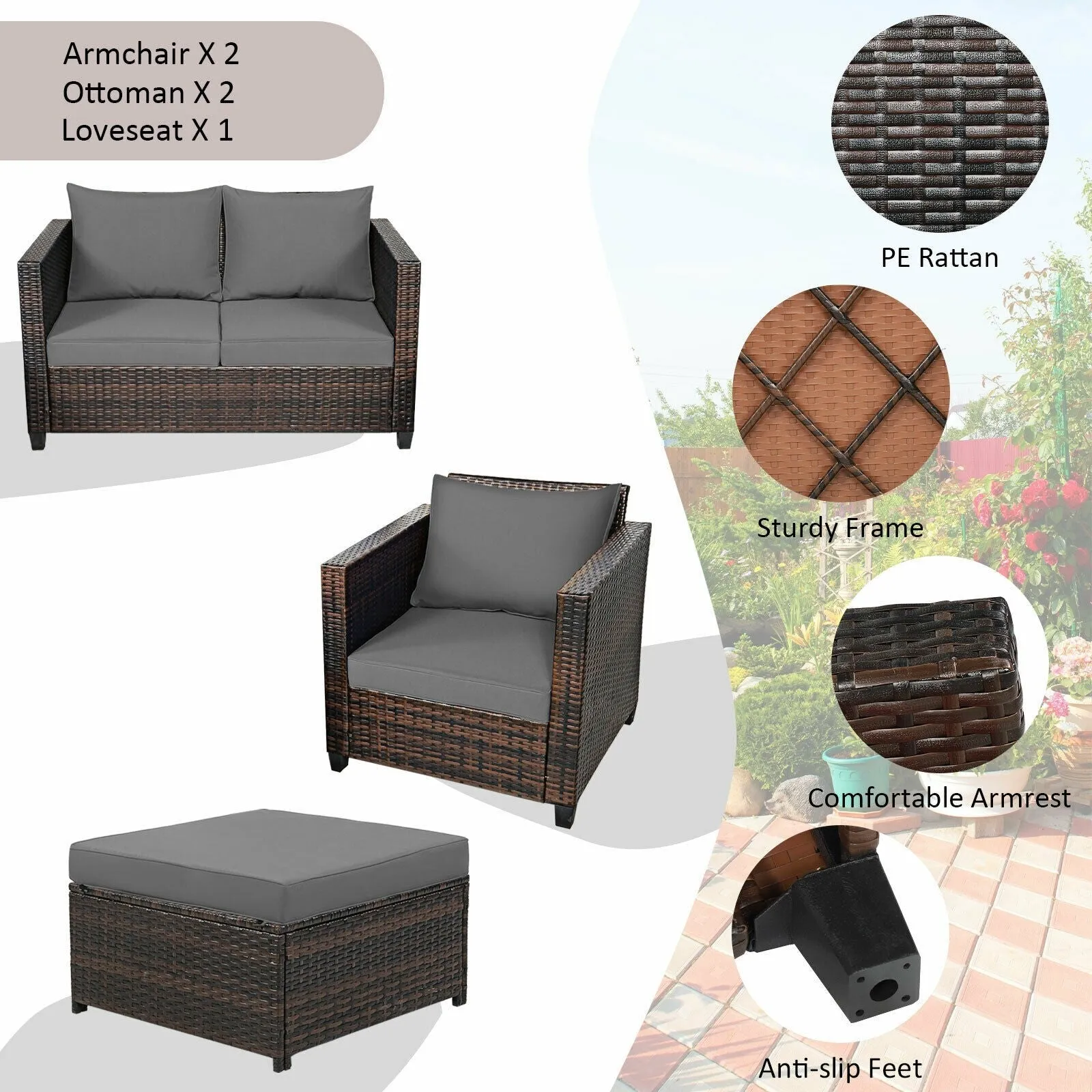 5pc Wicker Rattan Patio Cushioned Furniture Set - Gray