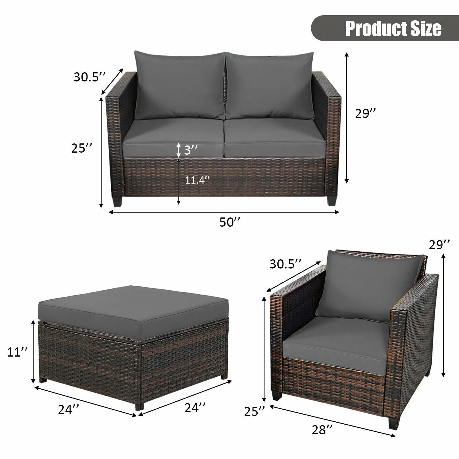 5pc Wicker Rattan Patio Cushioned Furniture Set - Gray