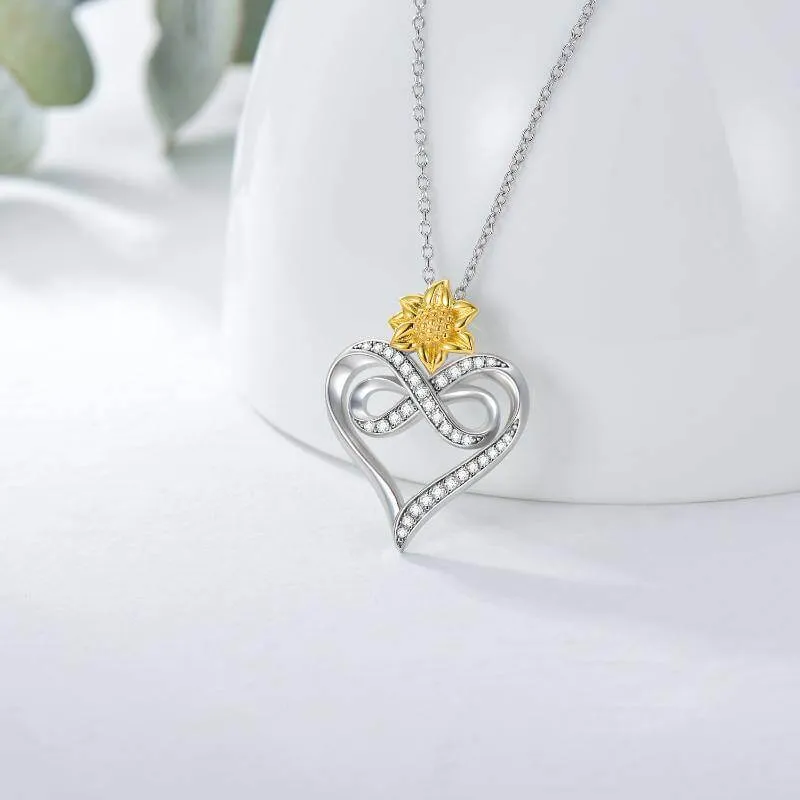 925 Sterling Silver Sunflower Infinity Heart Necklace Jewelry
