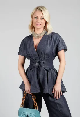Belt Front Blouse in Denim