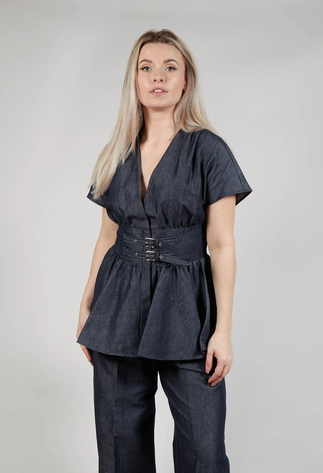 Belt Front Blouse in Denim