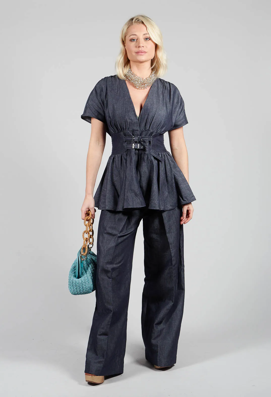 Belt Front Blouse in Denim