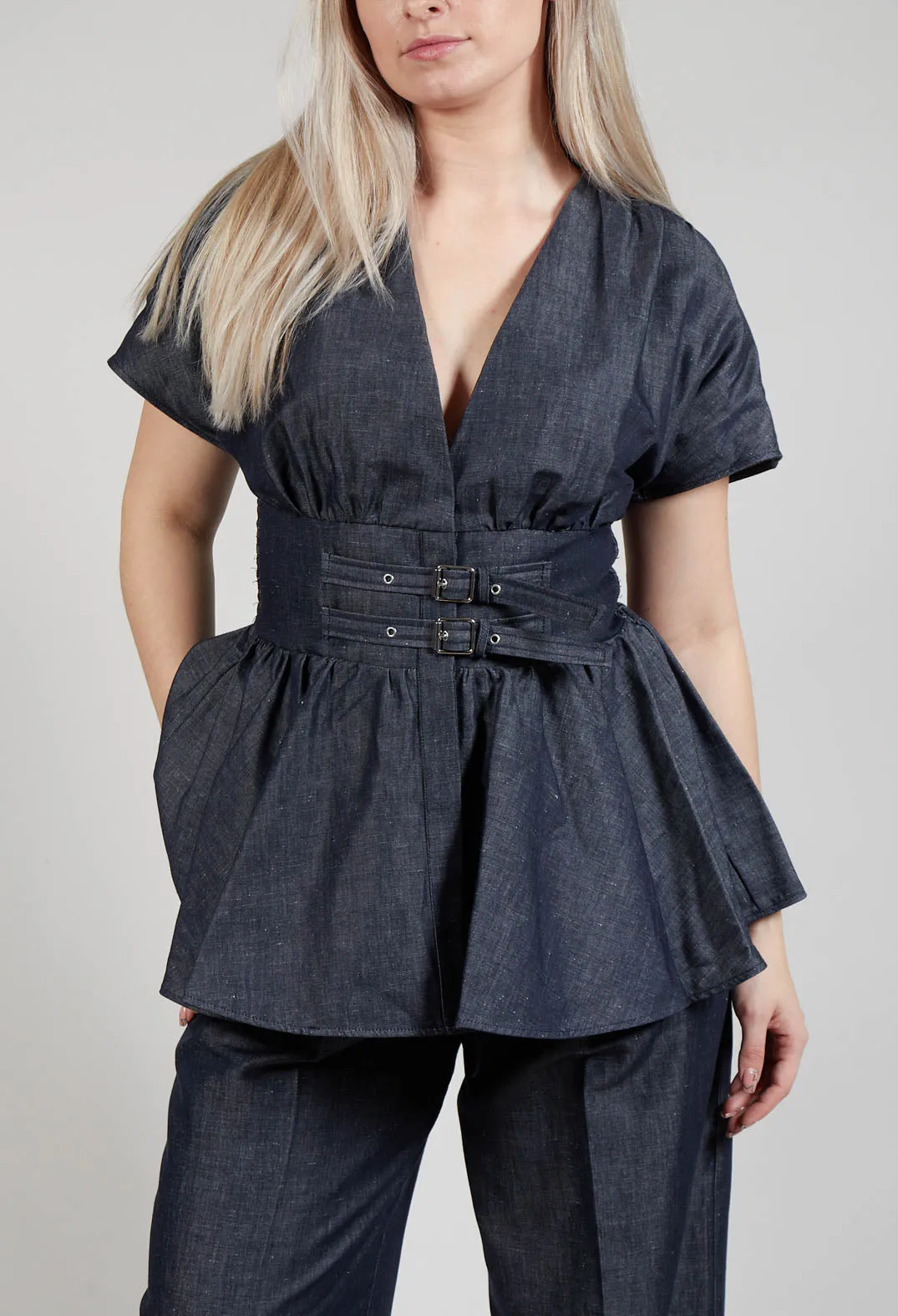 Belt Front Blouse in Denim