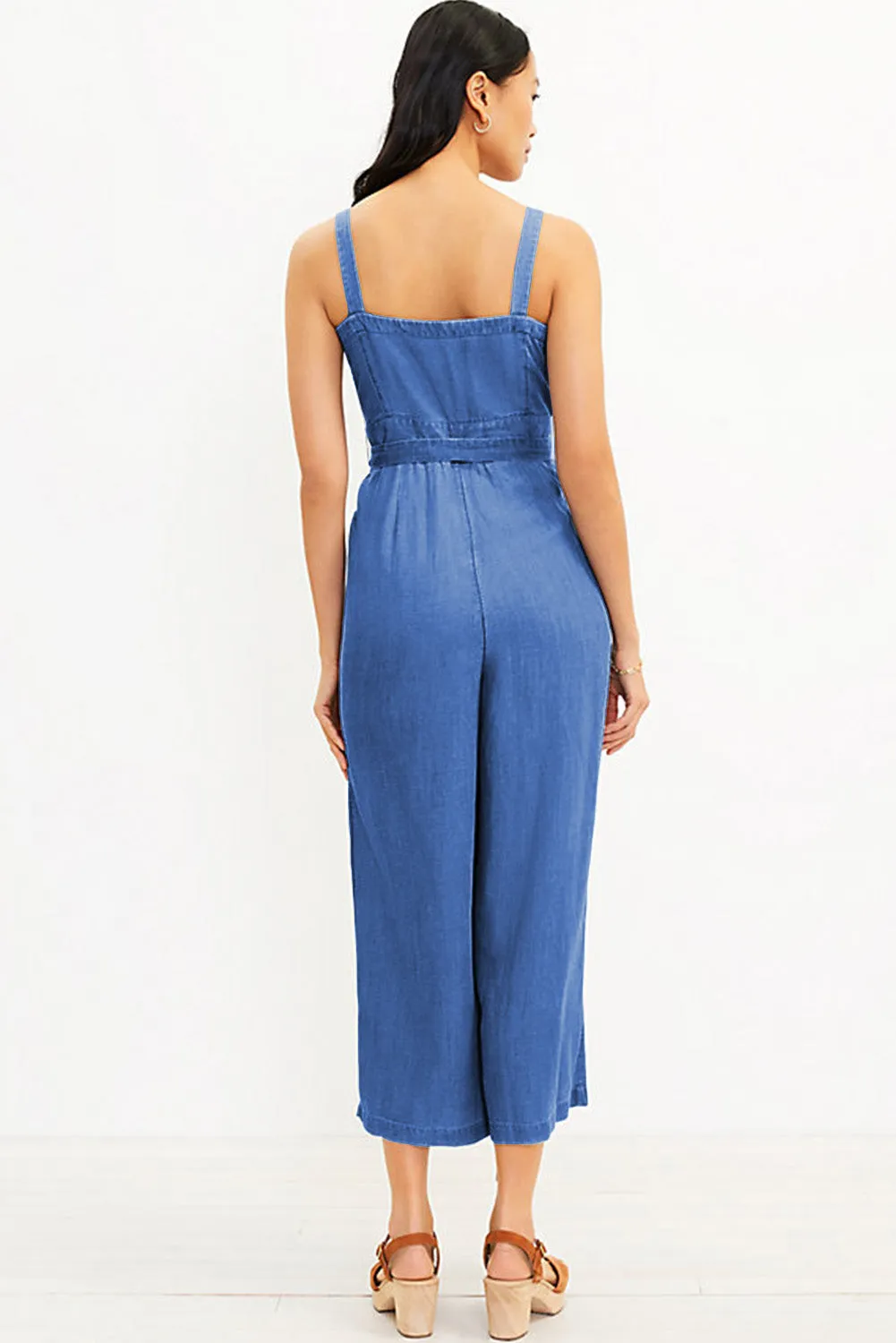 Belted Button Front Strappy Chambray Overalls