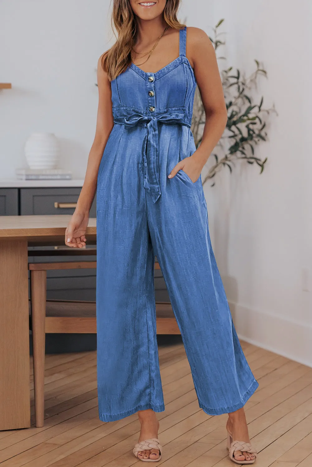 Belted Button Front Strappy Chambray Overalls