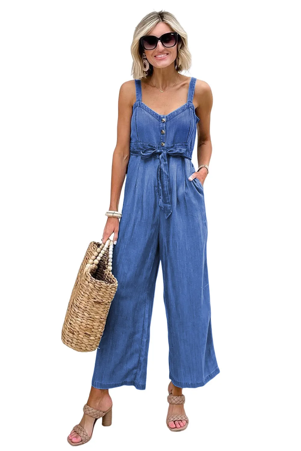 Belted Button Front Strappy Chambray Overalls