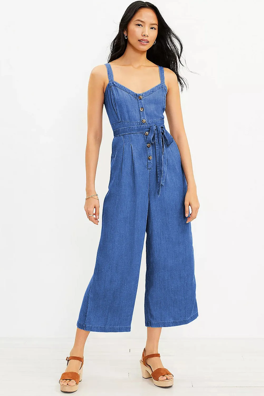 Belted Button Front Strappy Chambray Overalls