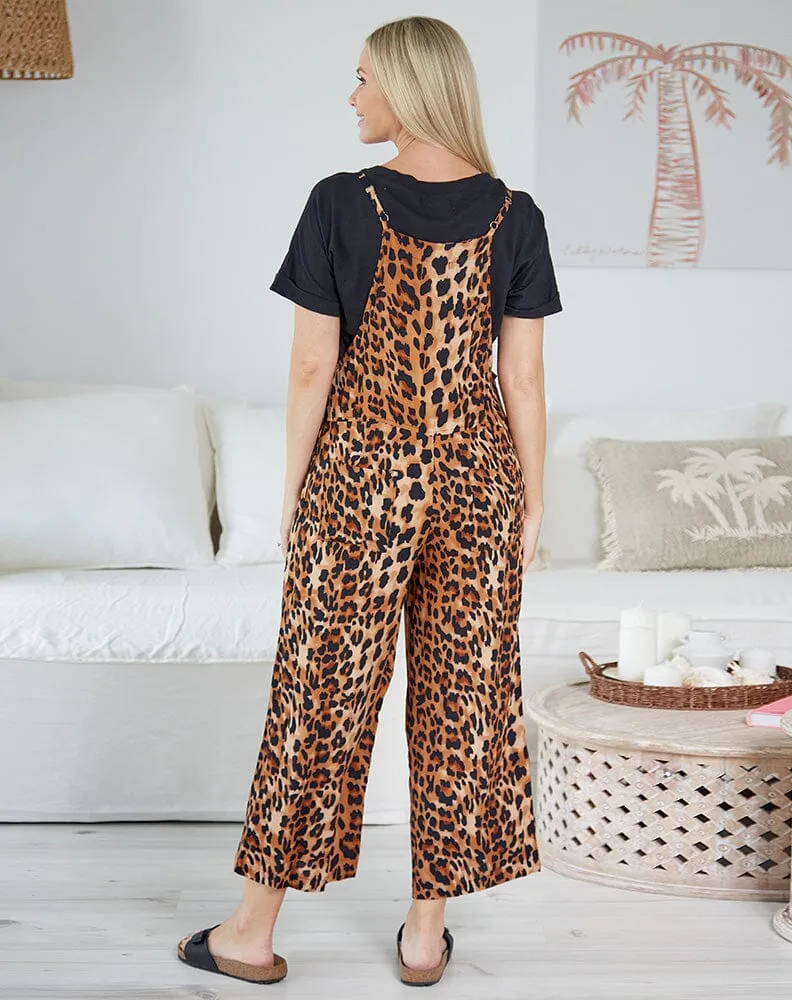 BILLI Caramello Leopard Strappy Overalls Jumpsuit