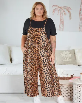 BILLI Caramello Leopard Strappy Overalls Jumpsuit