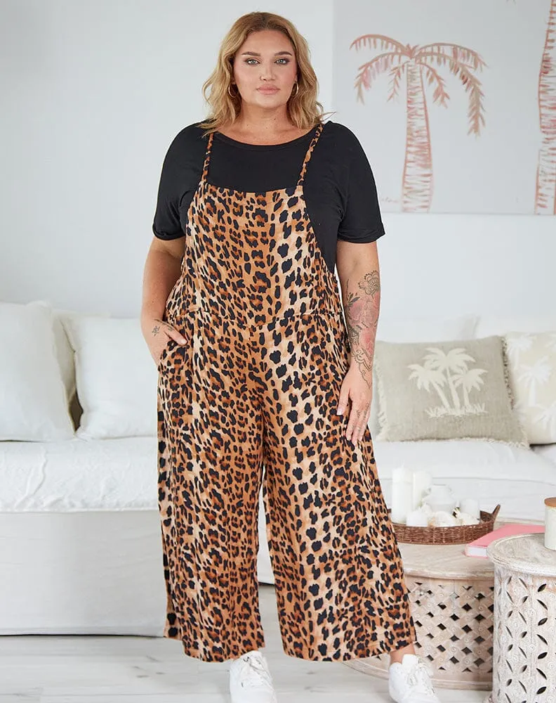 BILLI Caramello Leopard Strappy Overalls Jumpsuit
