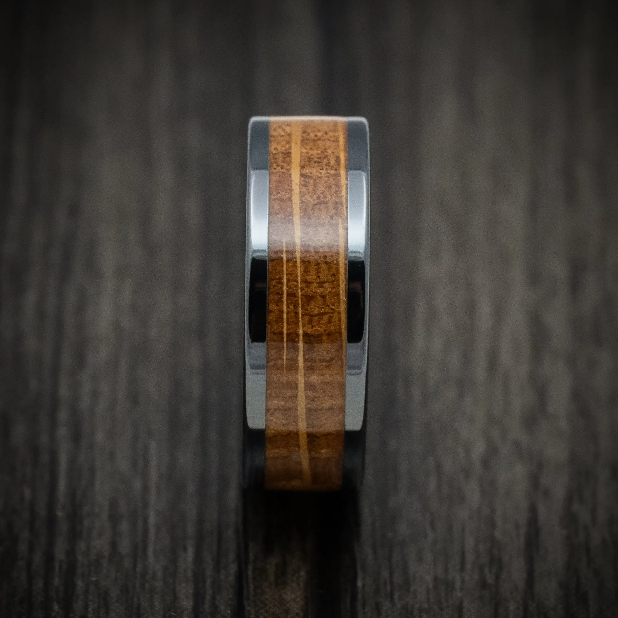 Black Ceramic and Whiskey Barrel Wood Inlay Custom Men's Ring