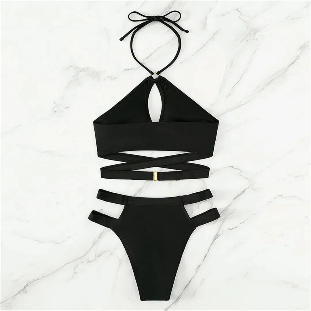 Black Cut Out Wrap Around Halter Strappy Bikini