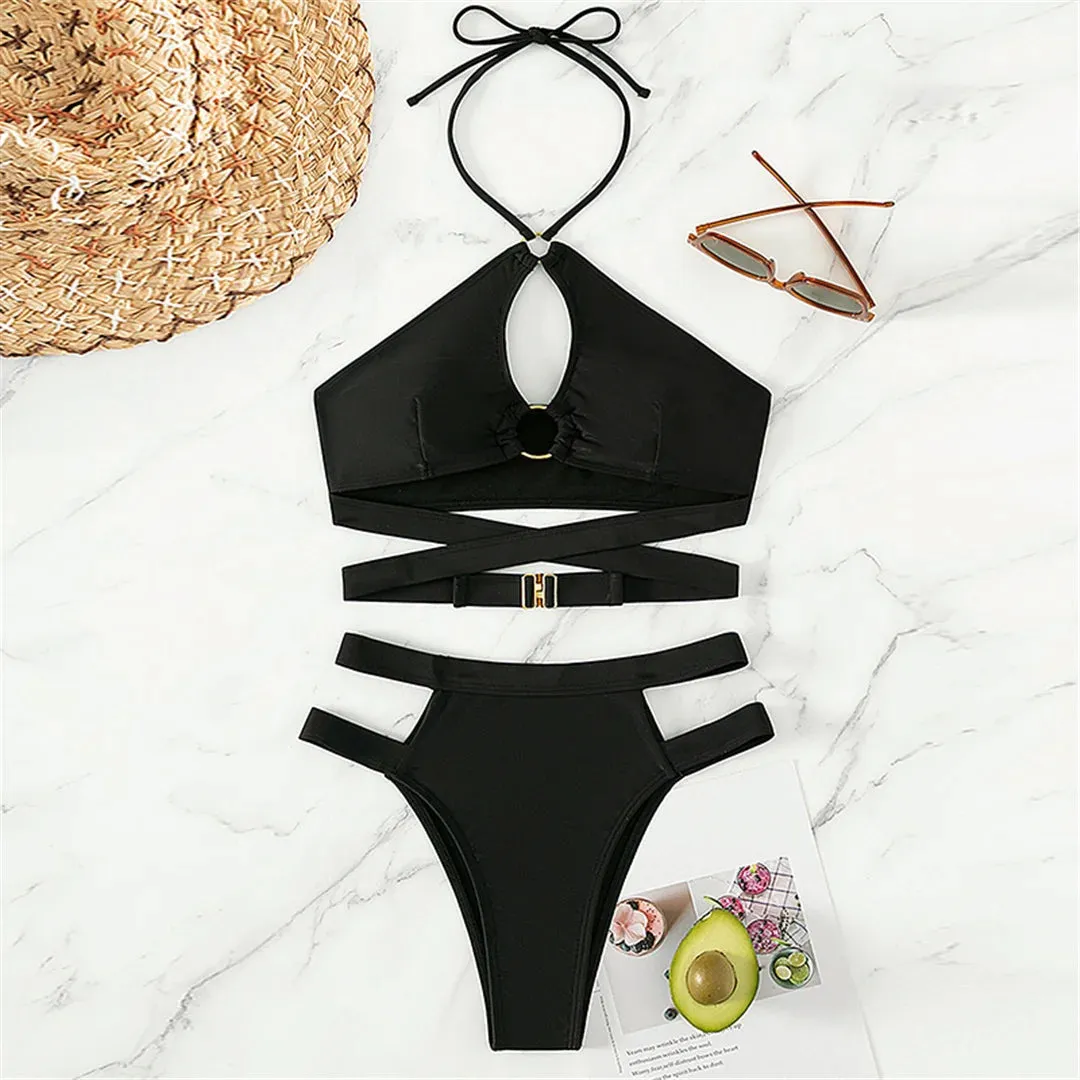 Black Cut Out Wrap Around Halter Strappy Bikini