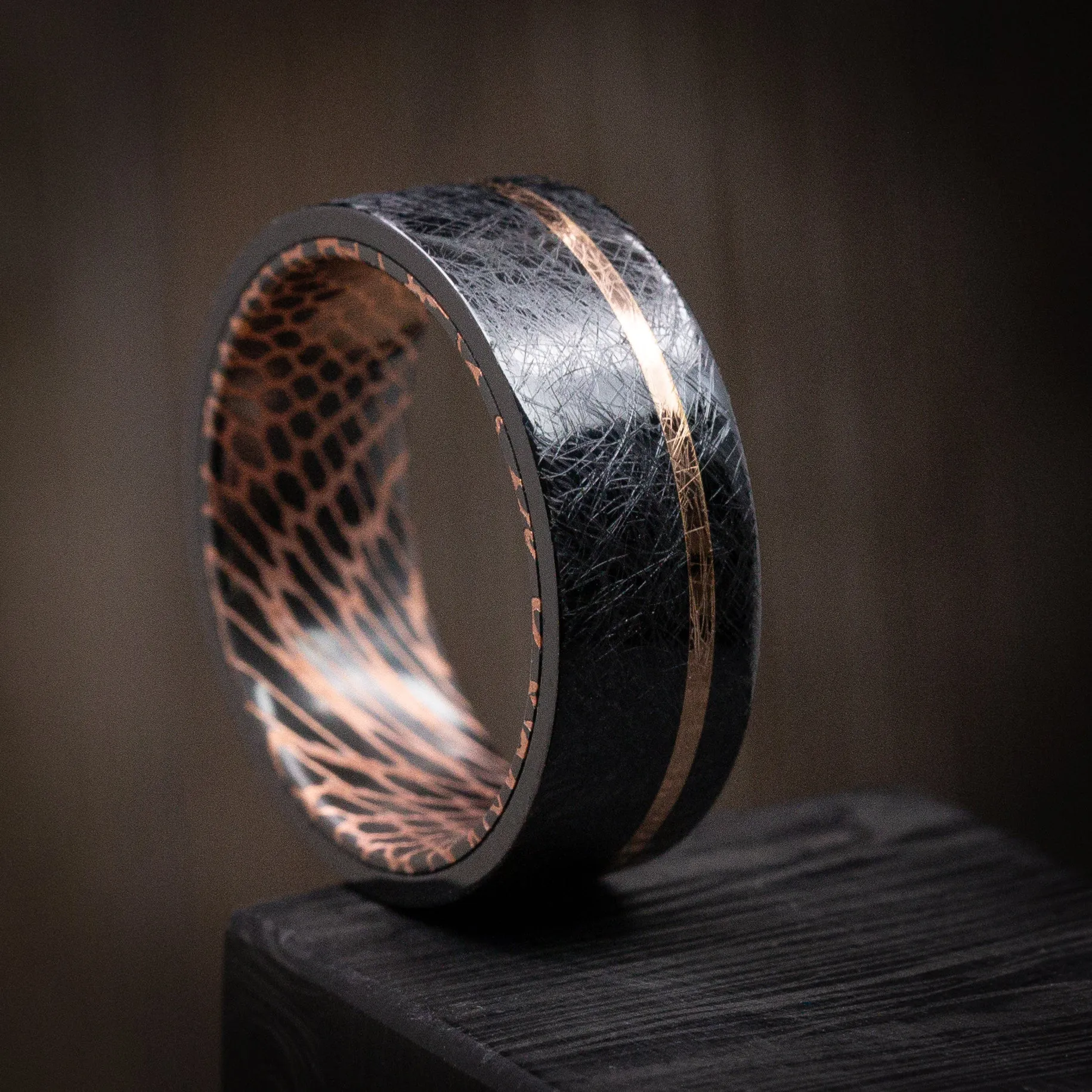 Black Zirconium and 14K Gold Distressed Men's Ring with Darkened Superconductor Sleeve Custom Made Band