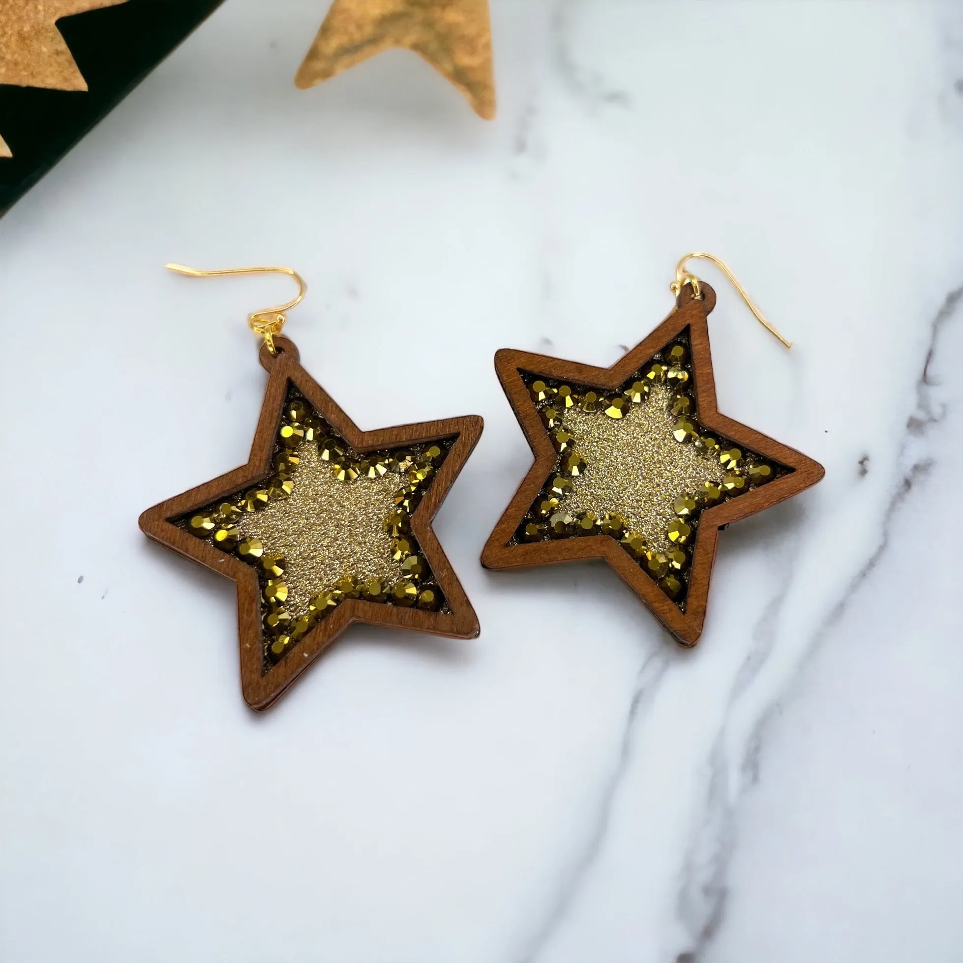 Boho Star Earrings - Gold Glitter, Gold Star Earrings, Handmade Earrings, Rhinestone Earrings, Star Accessories