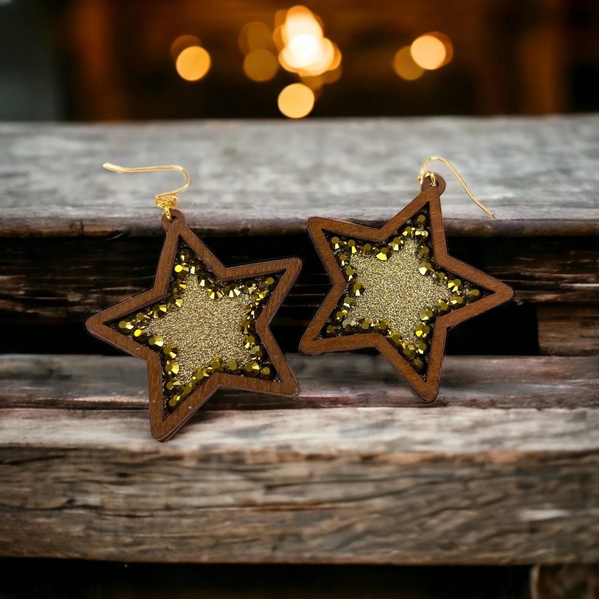 Boho Star Earrings - Gold Glitter, Gold Star Earrings, Handmade Earrings, Rhinestone Earrings, Star Accessories