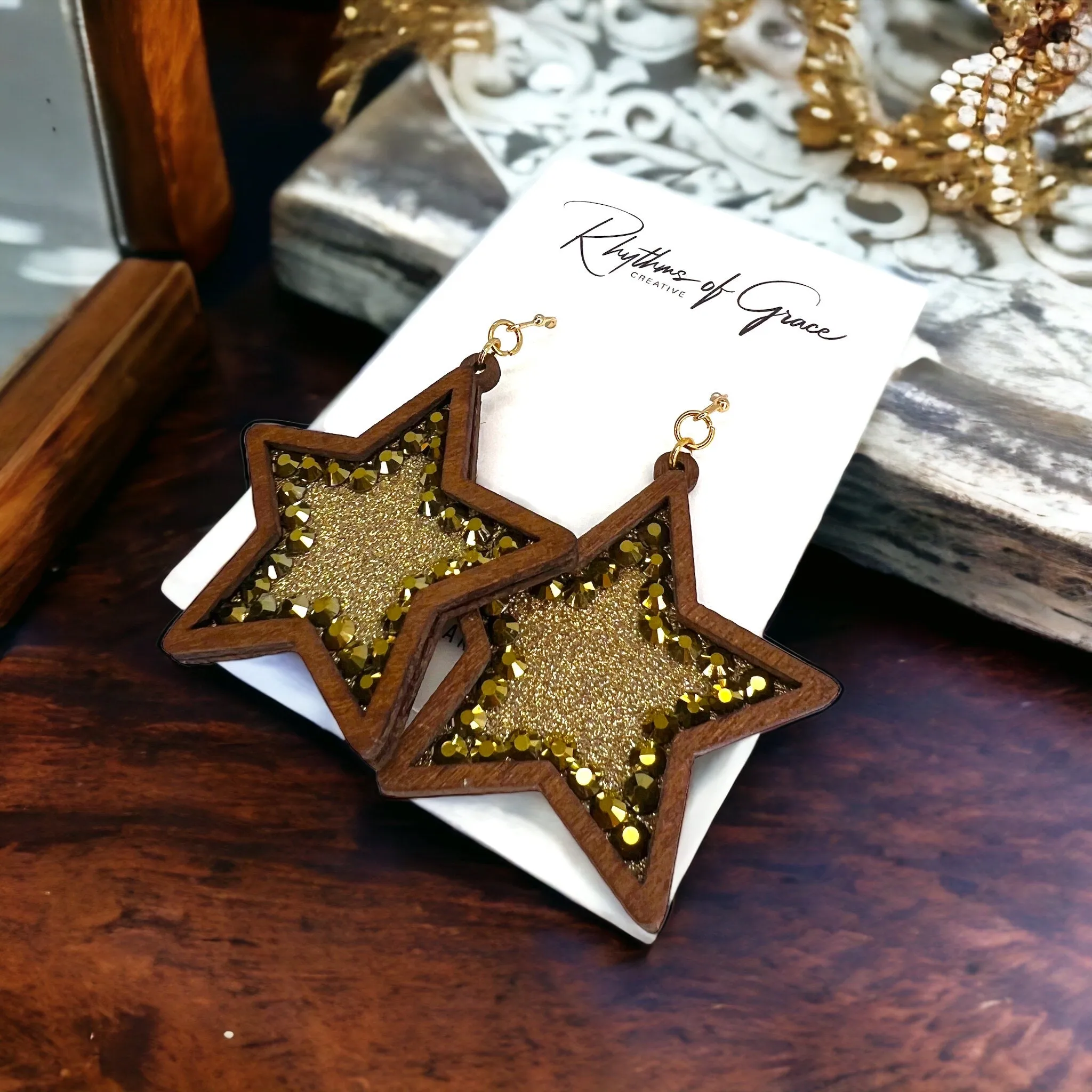 Boho Star Earrings - Gold Glitter, Gold Star Earrings, Handmade Earrings, Rhinestone Earrings, Star Accessories