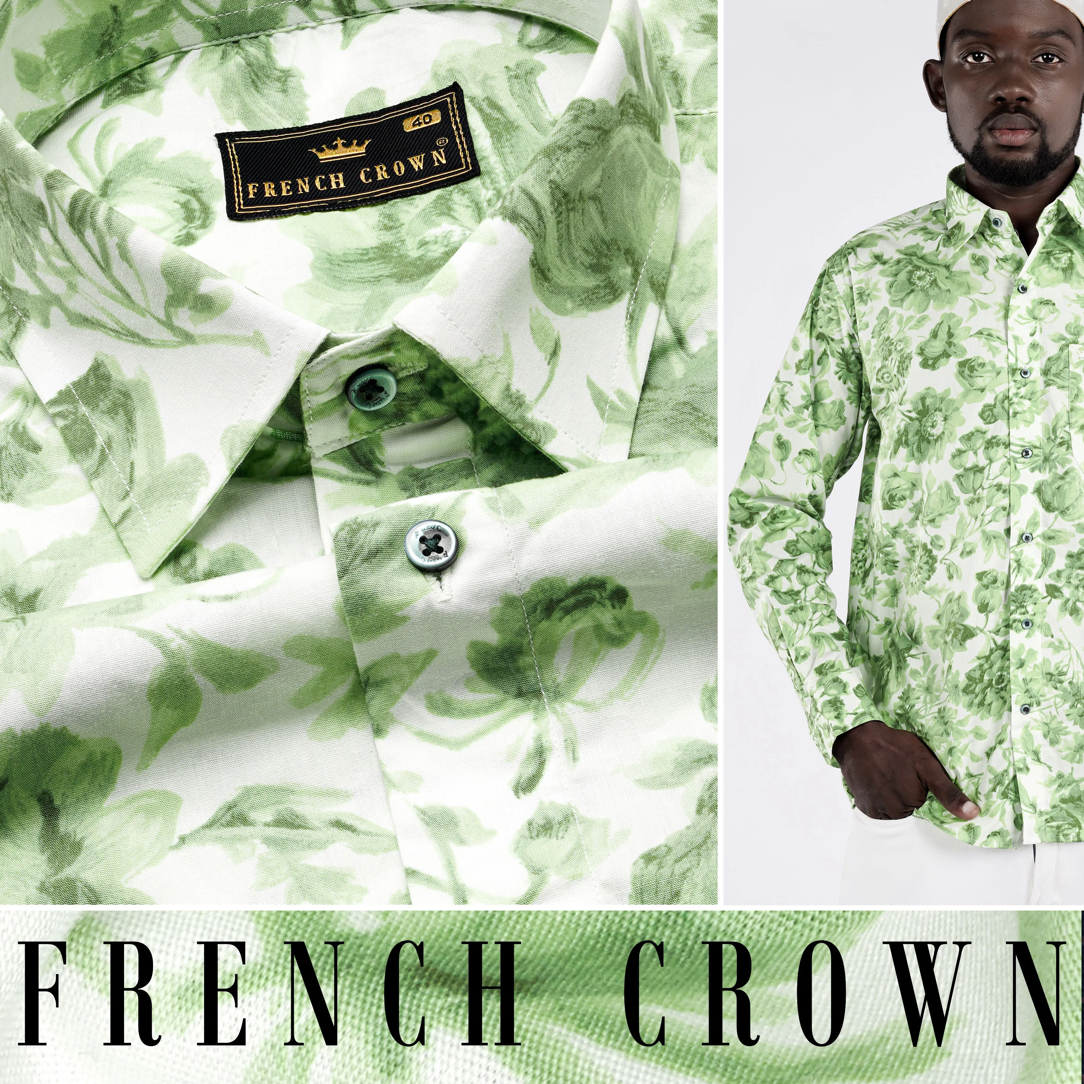 Bright White and Asparagus Green Floral Printed Premium Cotton Shirt