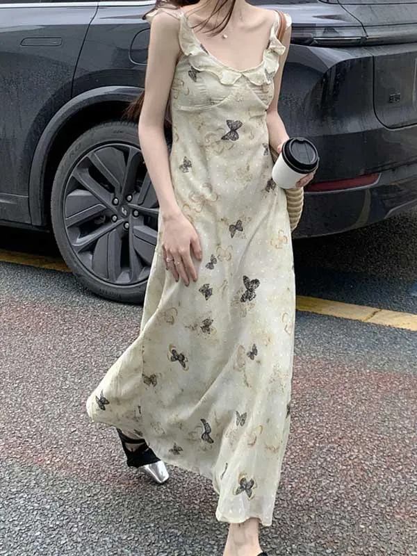 Butterfly Print Spaghetti Strap Maxi Dress