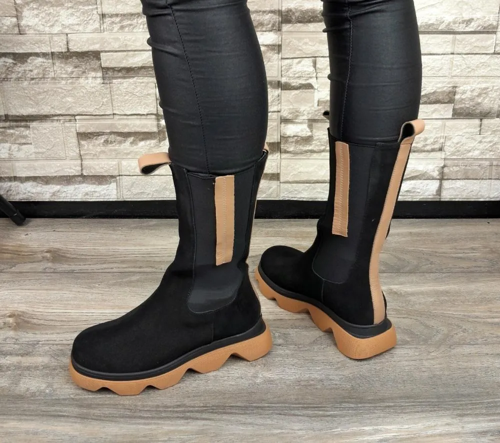Cizme casual, dama, ANNA VIOTTI, D30-315-95 L2-N negru/portocaliu, piele intoarsa