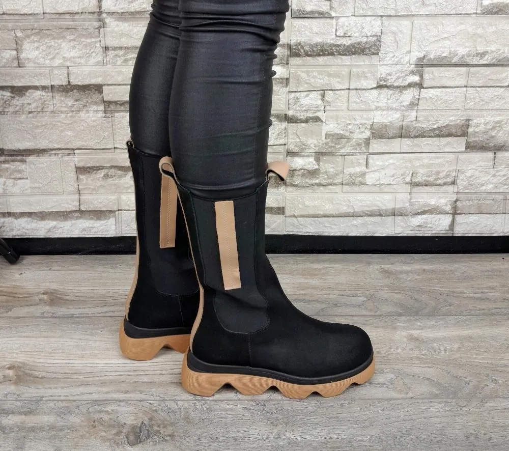 Cizme casual, dama, ANNA VIOTTI, D30-315-95 L2-N negru/portocaliu, piele intoarsa