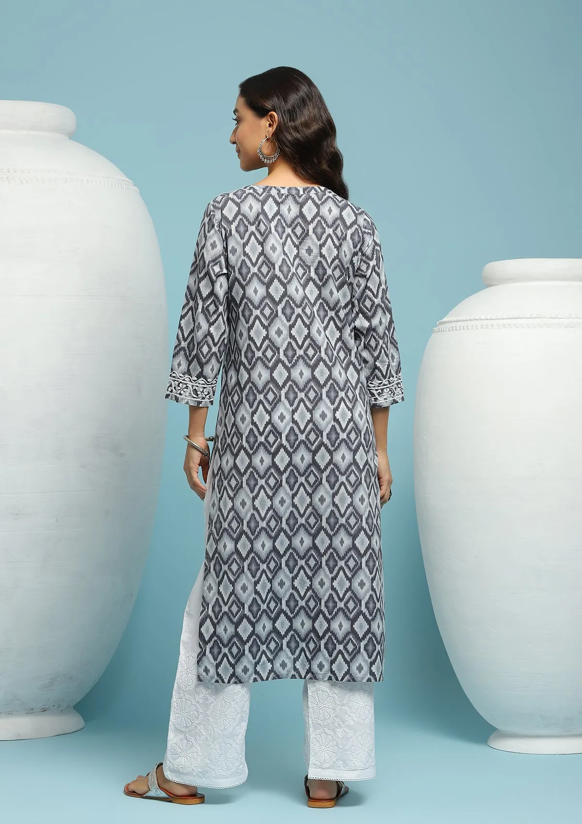 Cotton Chikankari Ikkat Printed Women's Long Kurta - Black