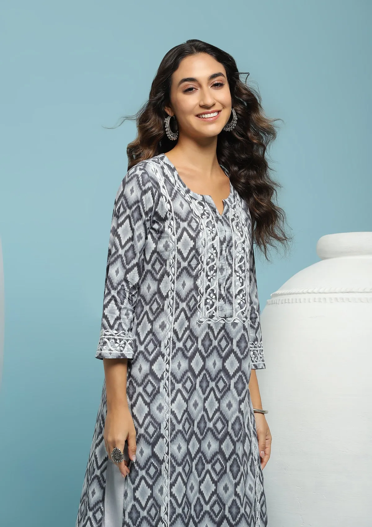 Cotton Chikankari Ikkat Printed Women's Long Kurta - Black