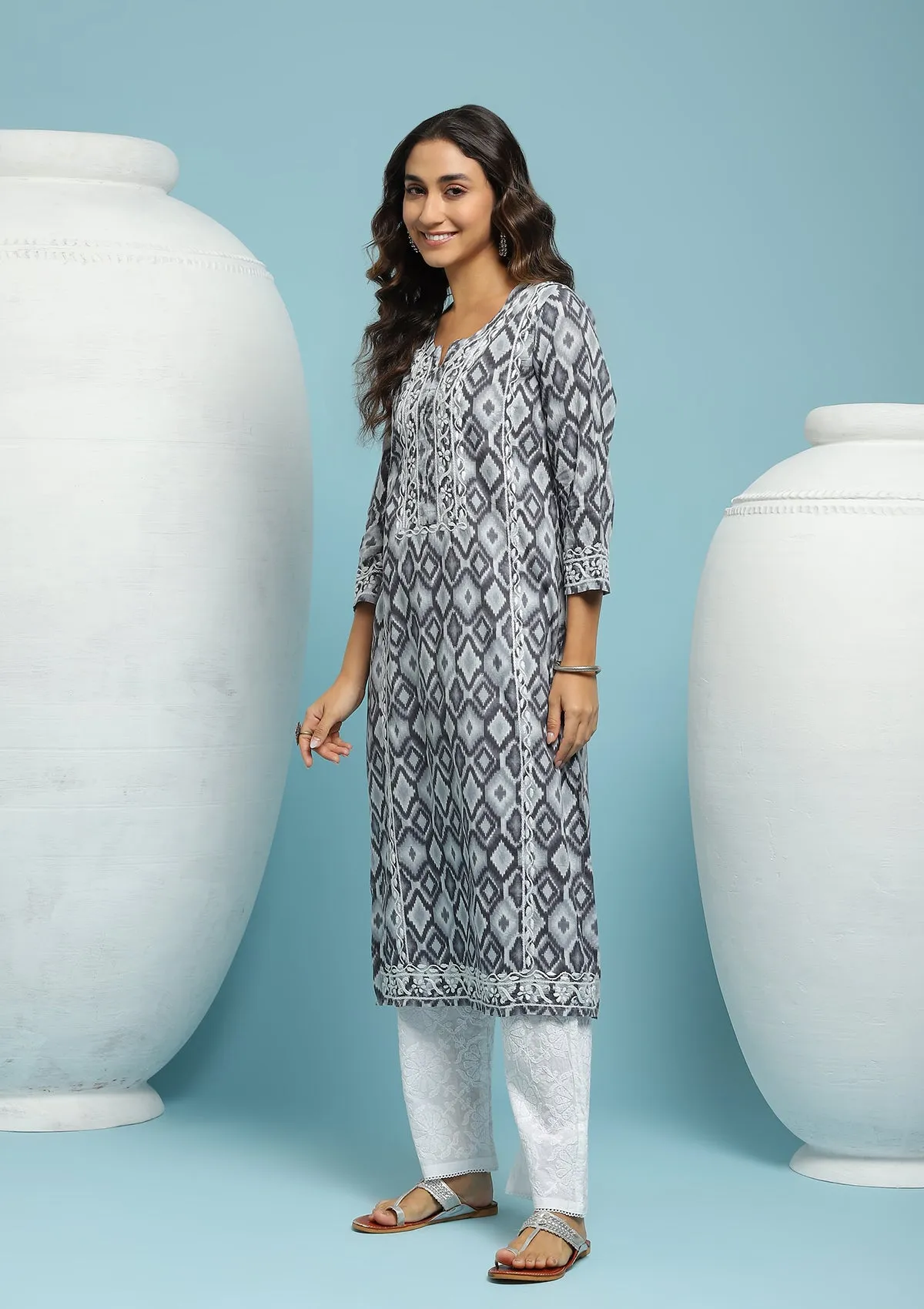 Cotton Chikankari Ikkat Printed Women's Long Kurta - Black