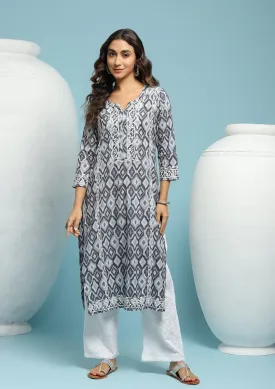 Cotton Chikankari Ikkat Printed Women's Long Kurta - Black