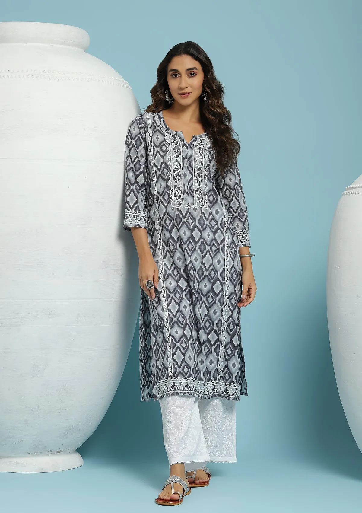 Cotton Chikankari Ikkat Printed Women's Long Kurta - Black