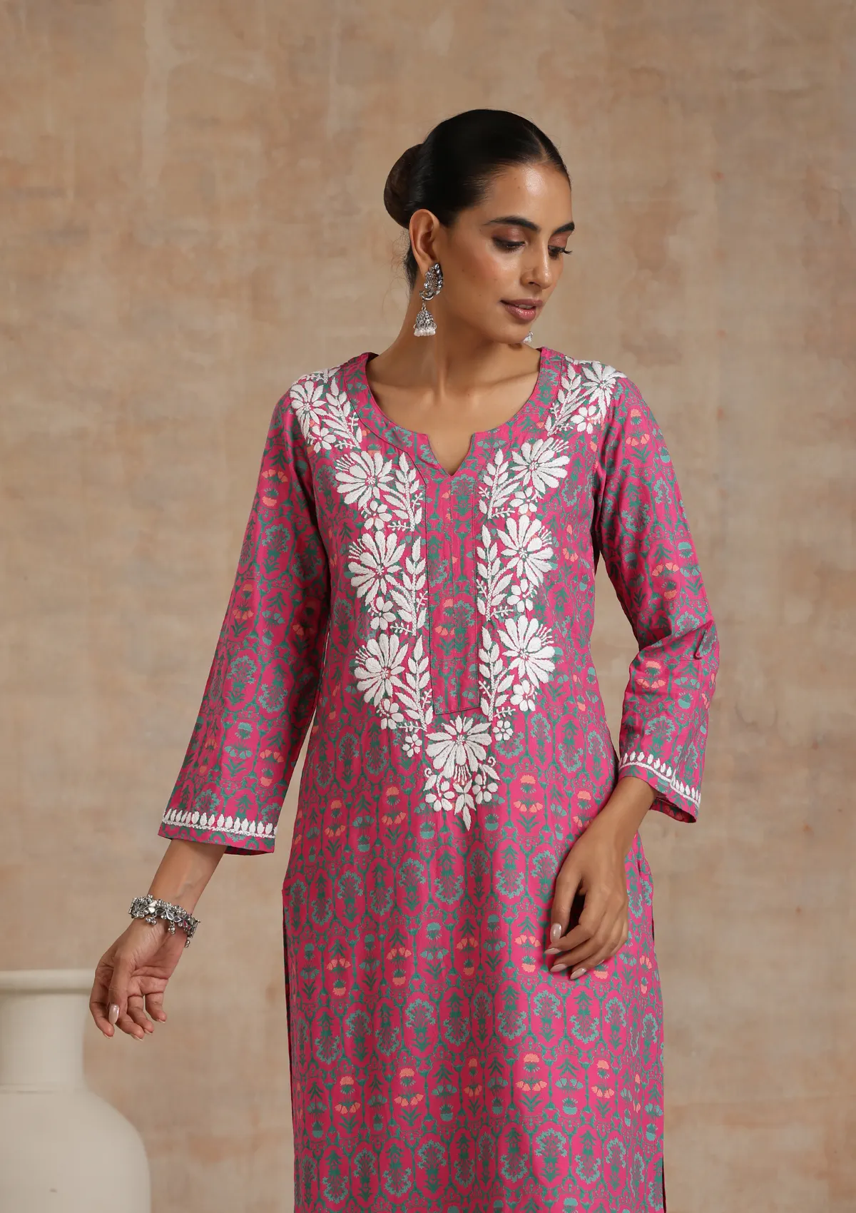 Cotton Chikankari Printed Women's Long Kurta - Pink