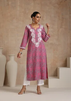 Cotton Chikankari Printed Women's Long Kurta - Pink
