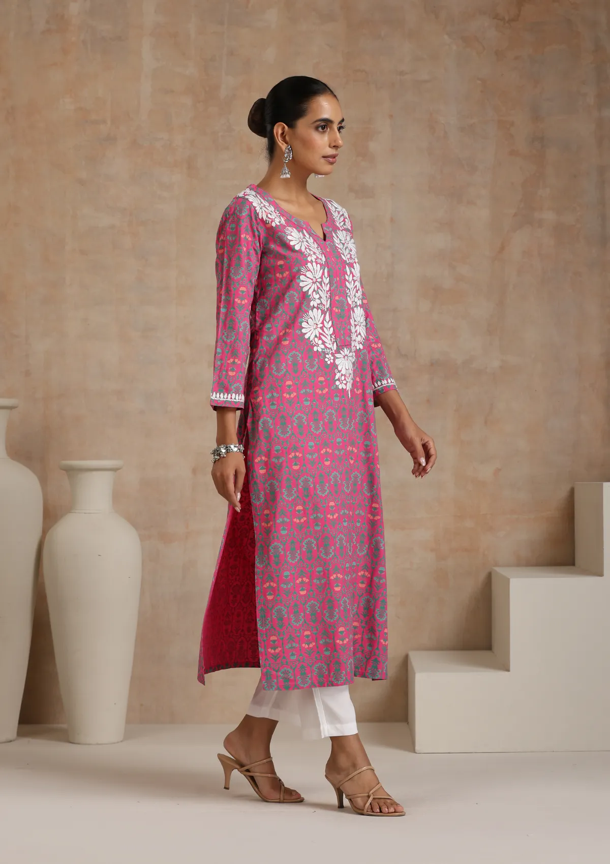 Cotton Chikankari Printed Women's Long Kurta - Pink