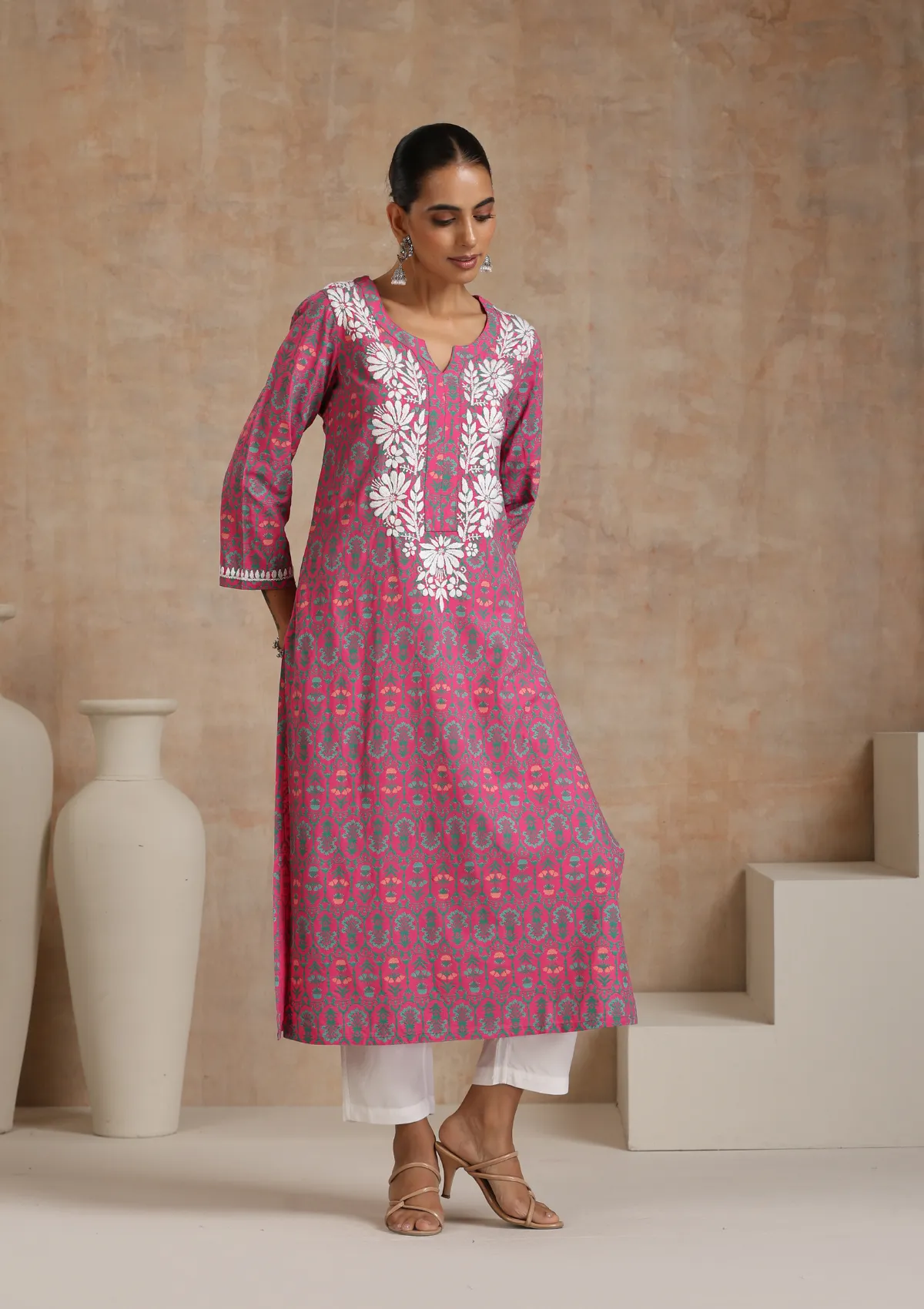 Cotton Chikankari Printed Women's Long Kurta - Pink